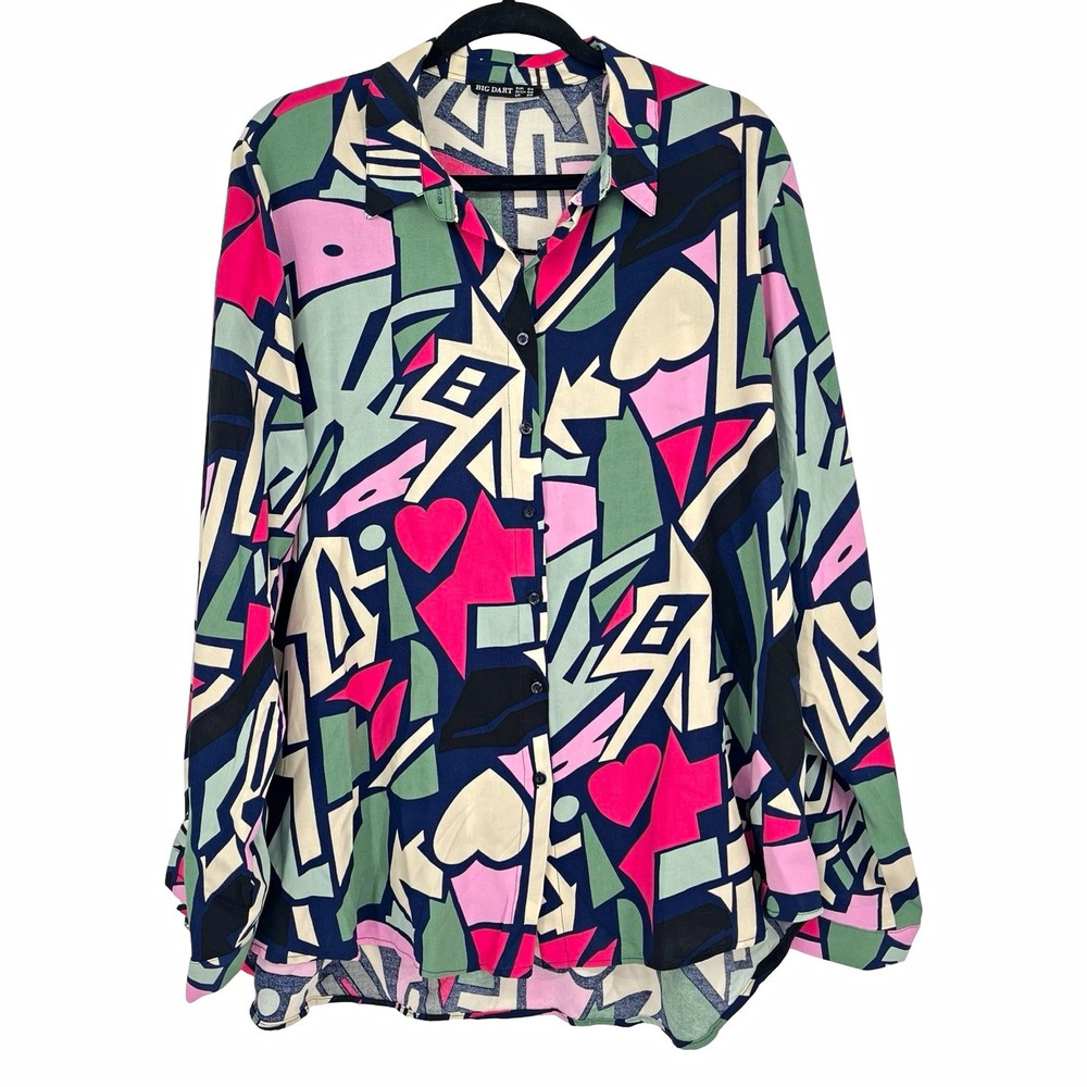Big Dart Womens 2X 3X Abstract Geometric Blouse 80s Memphis Art Colorful Viscose